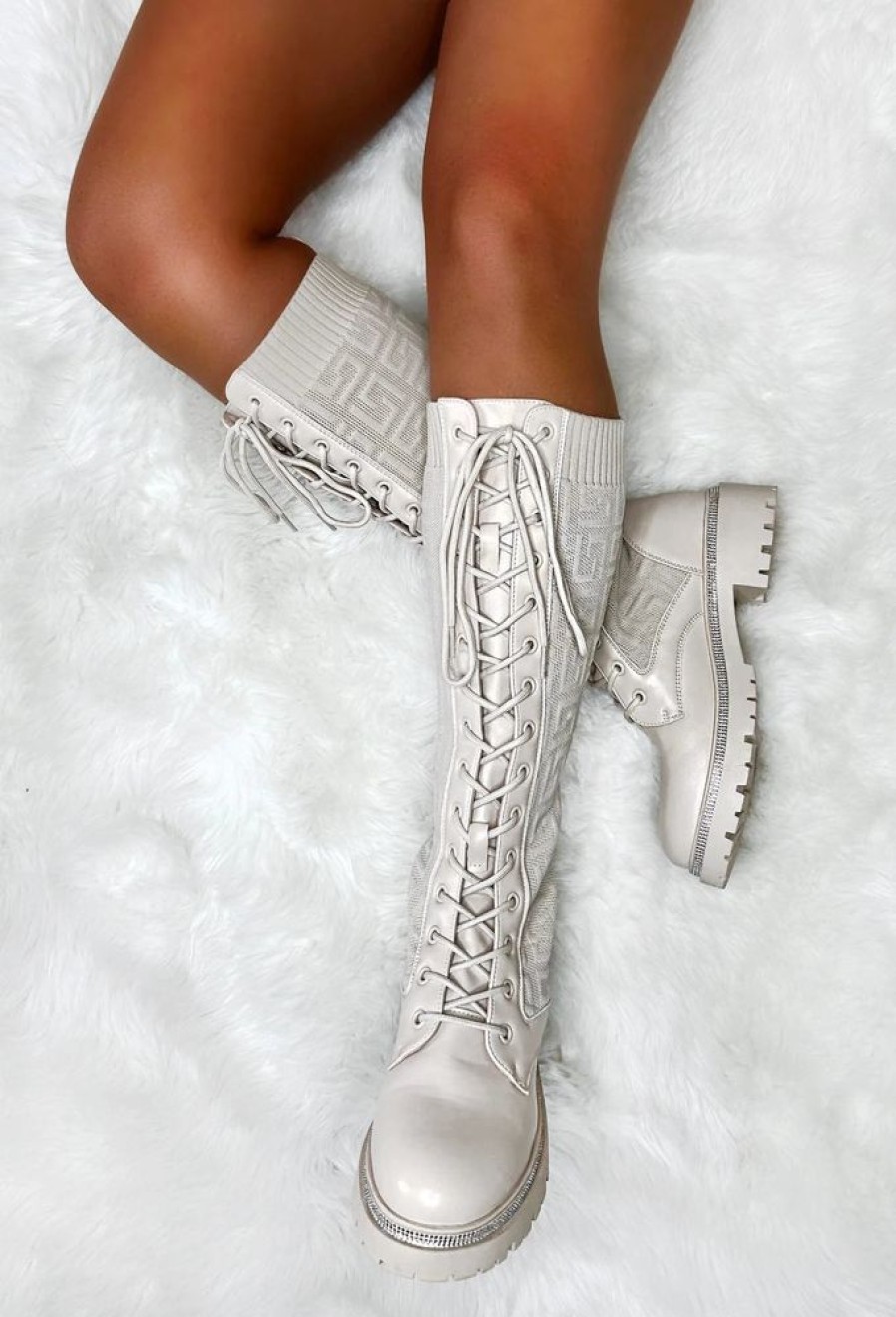 Online All Time Favourite Cream Textured Ankle Knee Boot Boots