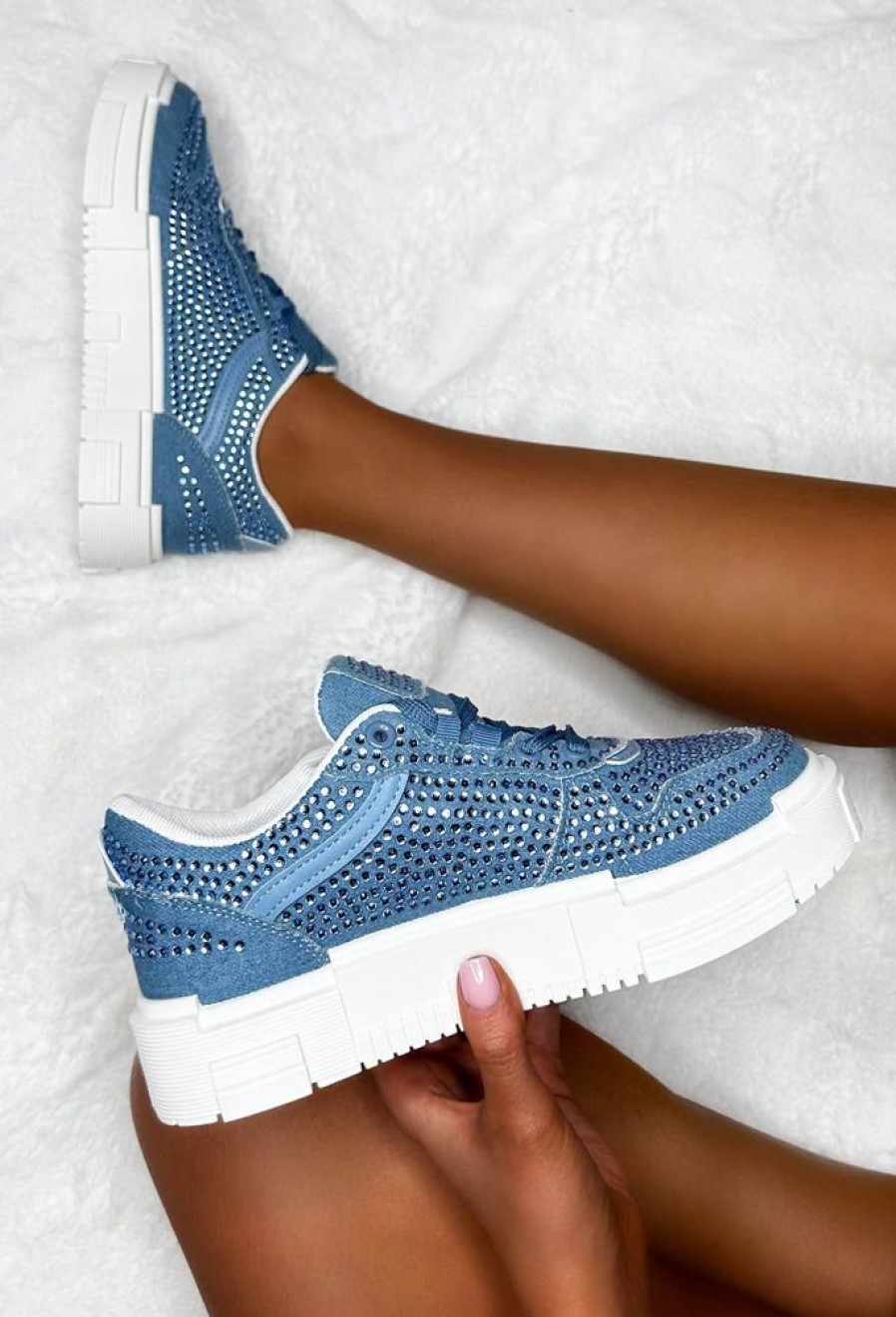 Online Crystal Couture Mid Blue Denim Diamante Embellished Trainers Limited Edition Trainers