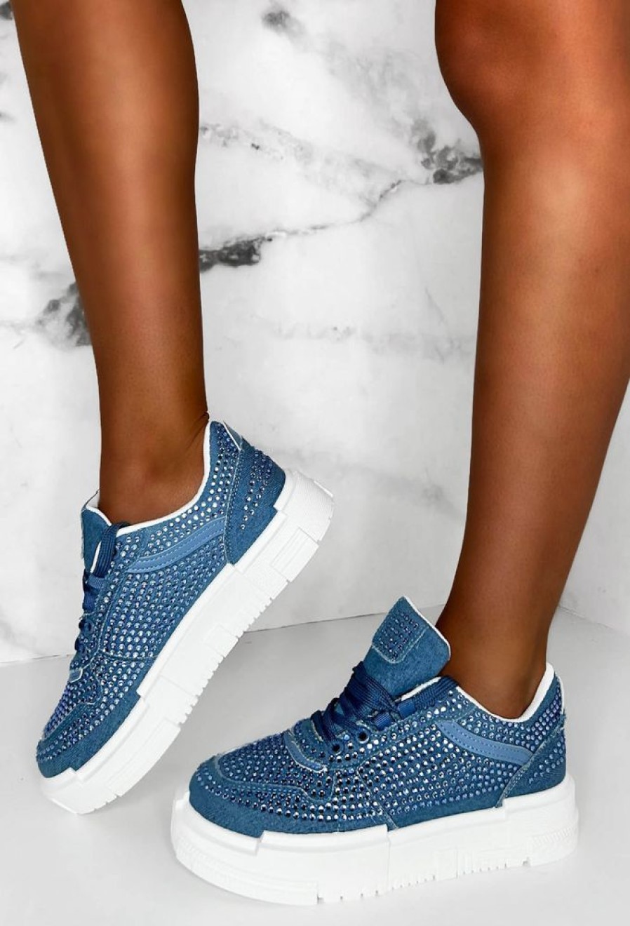 Online Crystal Couture Mid Blue Denim Diamante Embellished Trainers Limited Edition Trainers