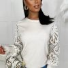 New Charming Chic Beige Crochet Sleeve Knitted Jumper Tops