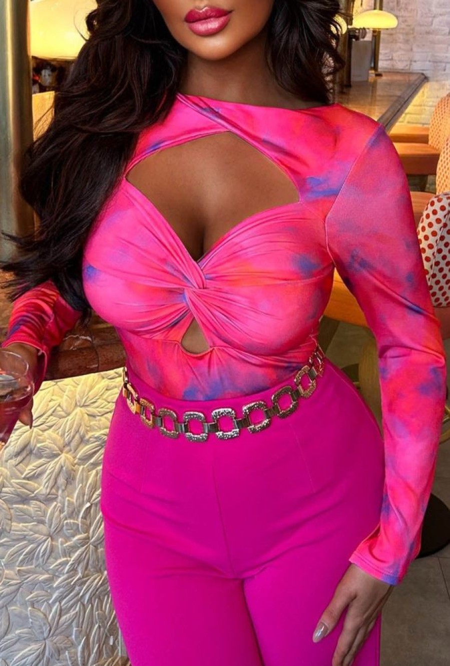 New Baddie Mode Hot Pink Marble Print Cut Out Bodysuit Tops