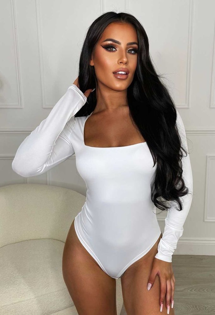 Wholesale Girl Like Me White Square Neck Long Sleeve Bodysuit Tops