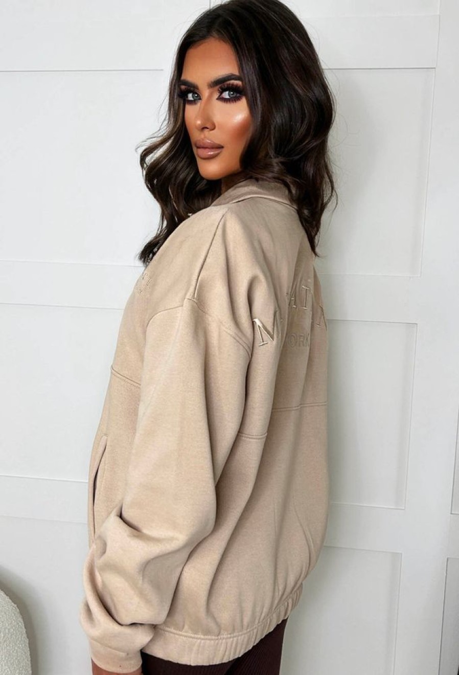 Wholesale Bring The Style Taupe Manhattan Embroidered Zip Sweatshirt Loungewear