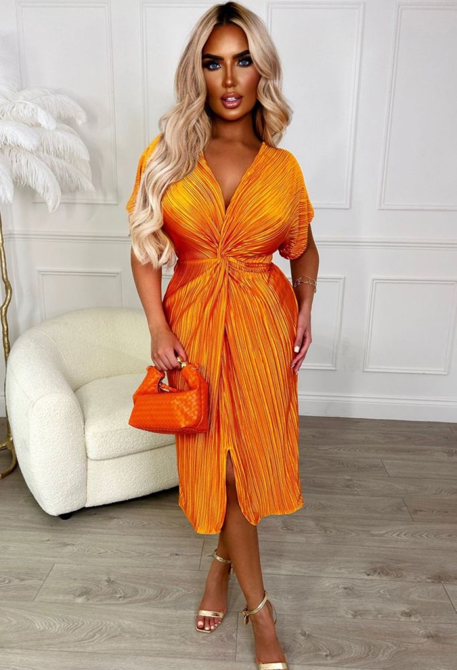 New Pretty In Plisse Orange Plisse Knot Midi Dress Summer Dresses