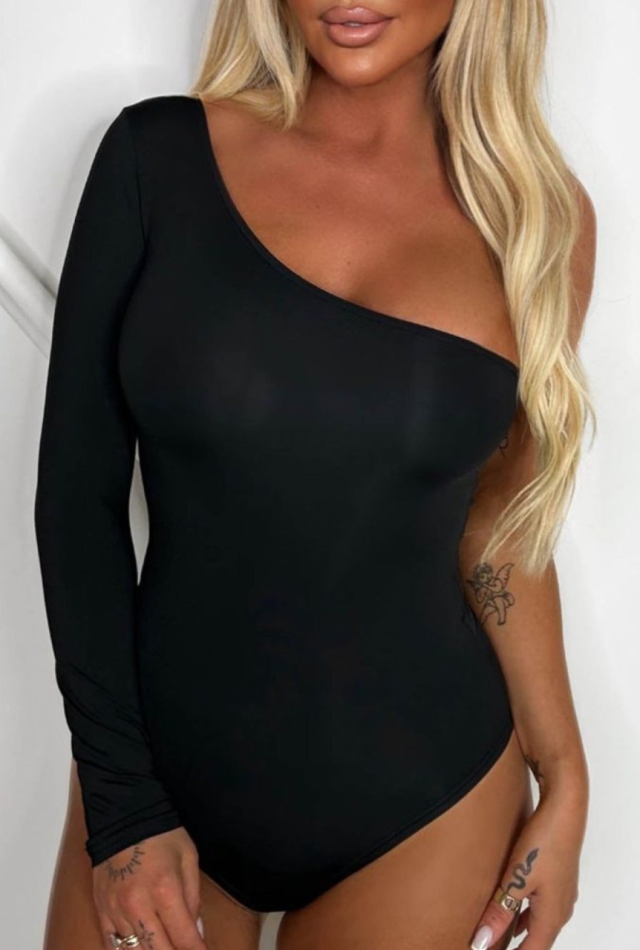 Hot Daily Love Black One Shoulder Stretch Bodysuit Tops