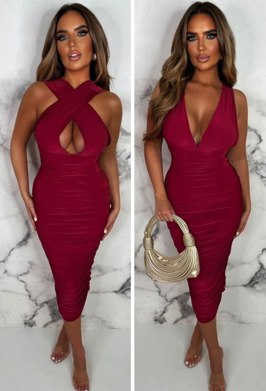 New Wrapped In Luxury Wine Ultra Soft Double Lined Multiway Ruched Midi Dress Dresses