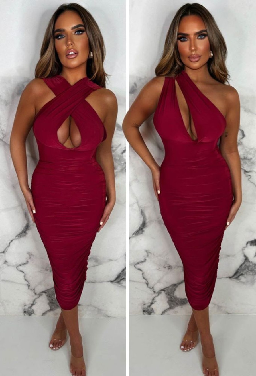 New Wrapped In Luxury Wine Ultra Soft Double Lined Multiway Ruched Midi Dress Dresses