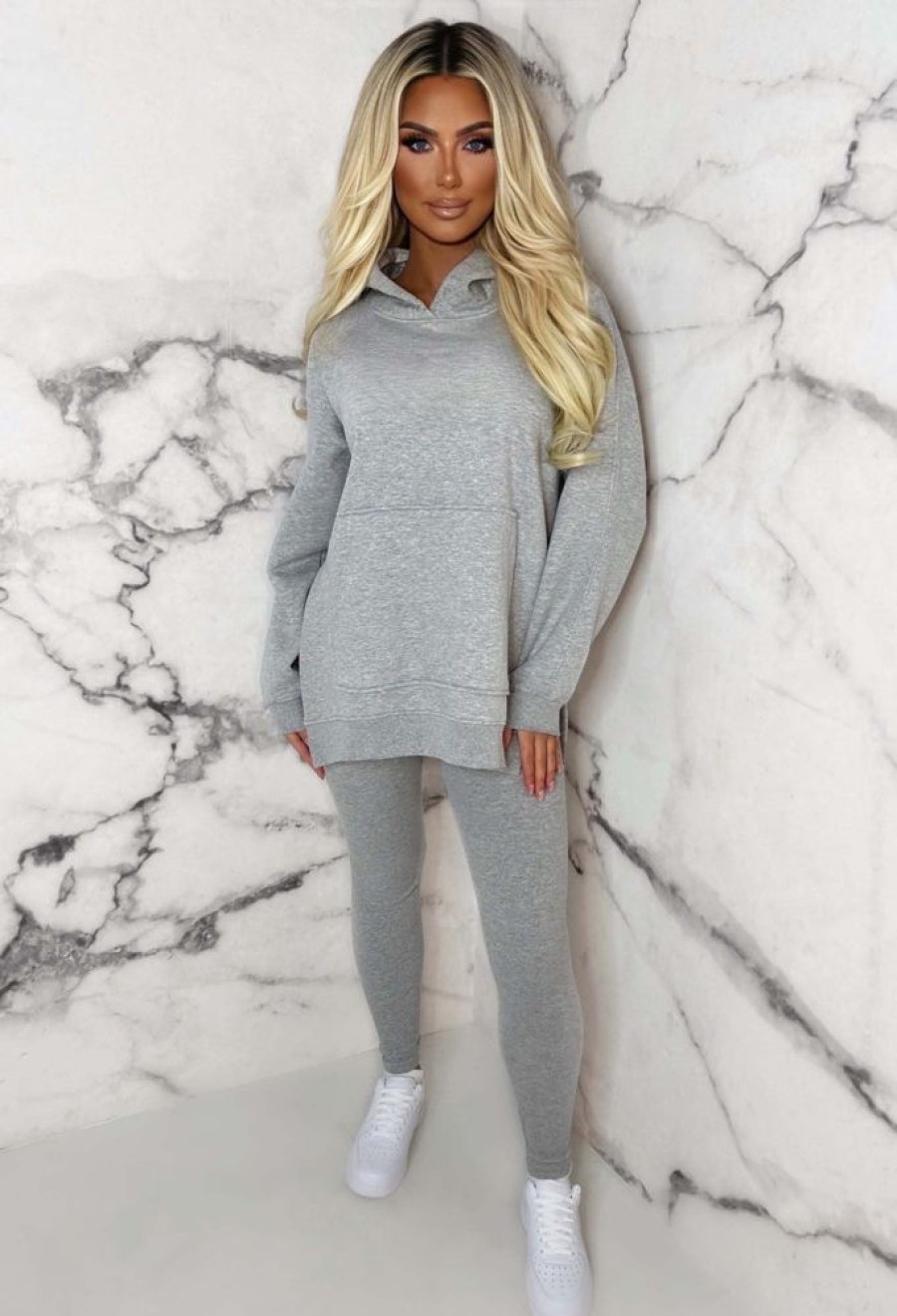 Hot Living The Life Grey Marl Oversized Hoodie With Ribbed Legging Two Piece Loungewear Set Loungewear