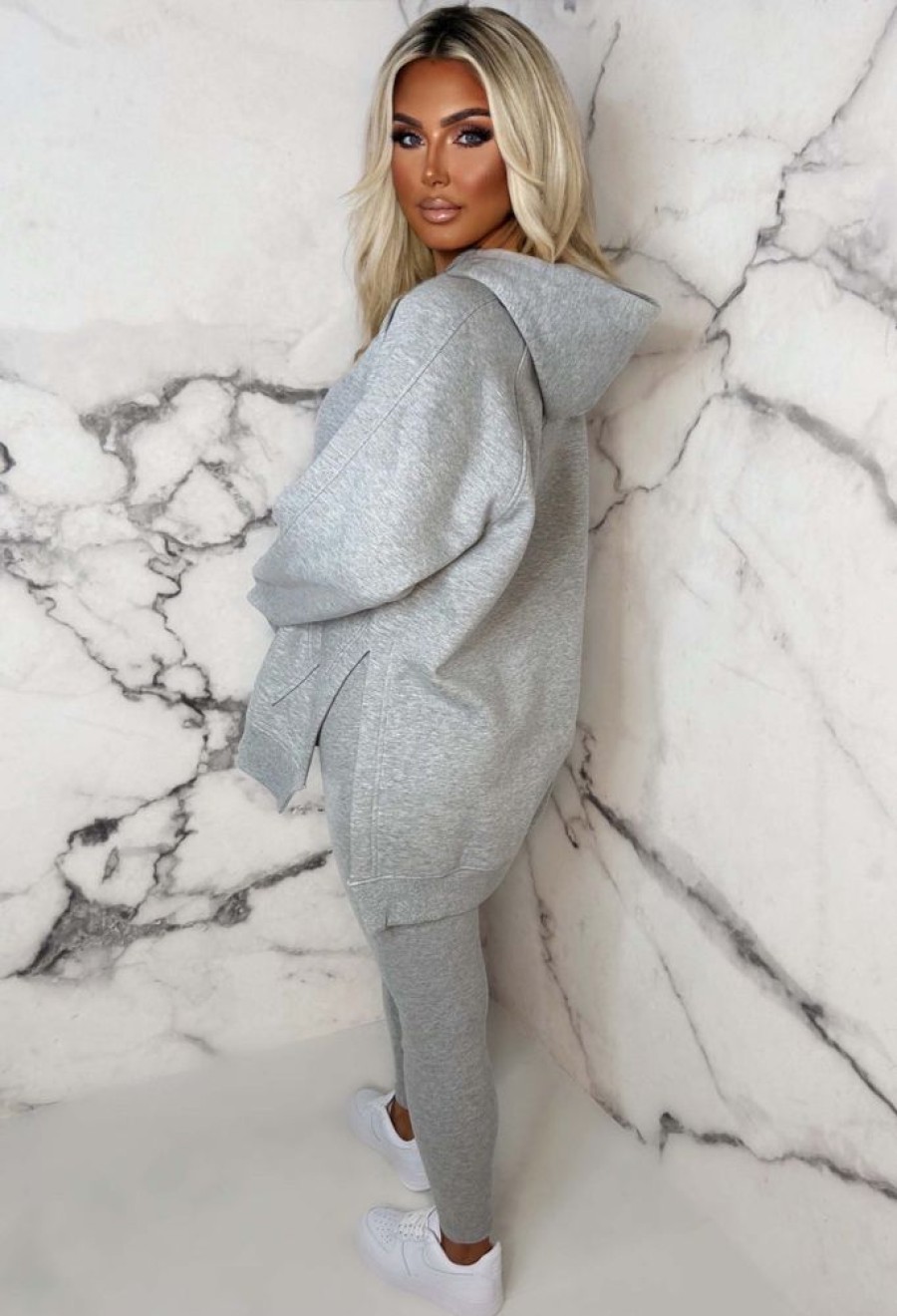 Hot Living The Life Grey Marl Oversized Hoodie With Ribbed Legging Two Piece Loungewear Set Loungewear