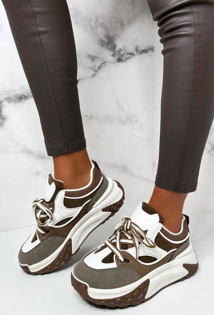 New Casual Slay Brown Contrast Platform Trainers Trainers