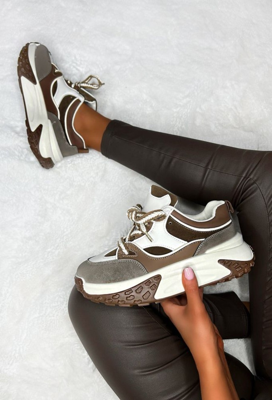 New Casual Slay Brown Contrast Platform Trainers Trainers