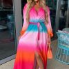 Wholesale Sunset Sky Pink Ombre Long Sleeve Maxi Dress Summer Dresses