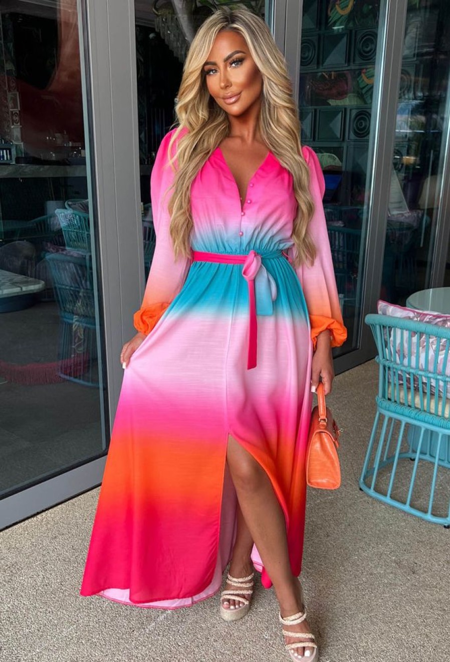 Wholesale Sunset Sky Pink Ombre Long Sleeve Maxi Dress Summer Dresses