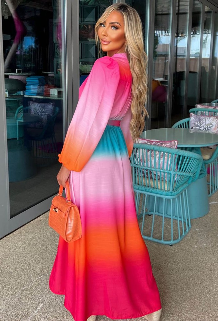 Wholesale Sunset Sky Pink Ombre Long Sleeve Maxi Dress Summer Dresses