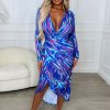 Wholesale Chasing Rainbows Blue Shoulder Padded Long Sleeve Ruched Midi Dress Summer Dresses