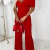 New Utterly Yours Red Cross Over Ruched Wide Leg Belted Jumpsuit Jumpsuits