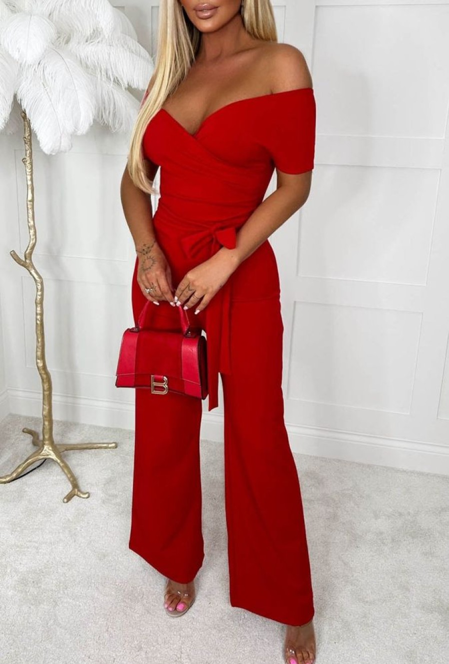 New Utterly Yours Red Cross Over Ruched Wide Leg Belted Jumpsuit Jumpsuits