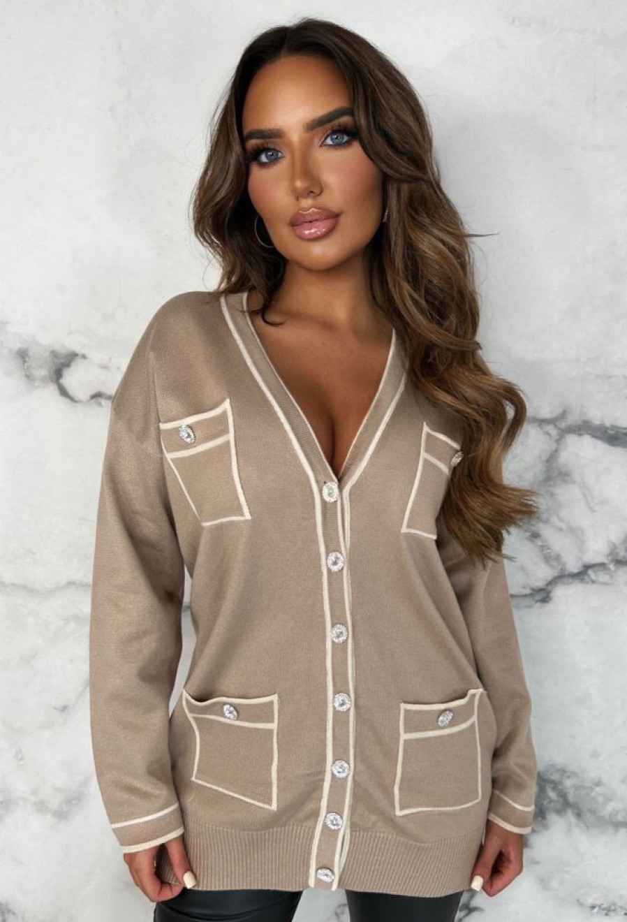 Wholesale Busy Schedule Beige Luxury Oversized Cardigan With Top Stitch Detail Knitwear