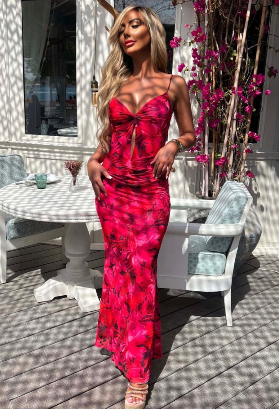 Clearance Island Sunset Pink Vivid Print Backless Cami Maxi Dress Summer Dresses