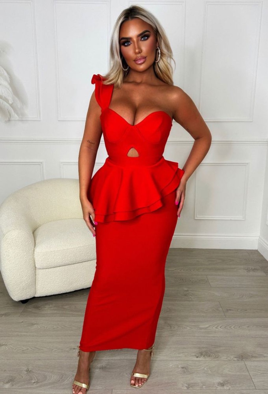 Wholesale My Movie Star Red Premium Peplum Stretch Bandage Midi Dress Bandage