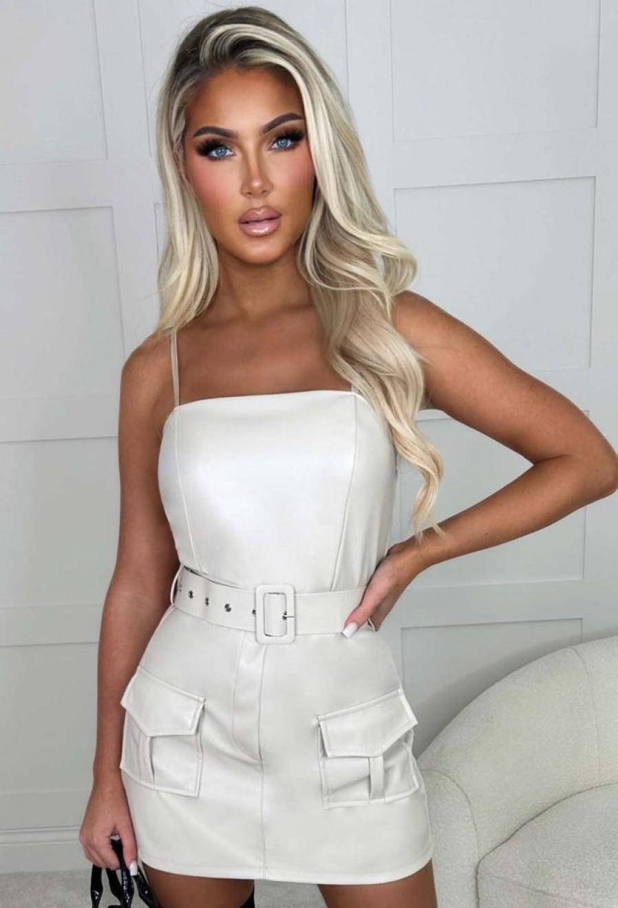 Best Fashionista Fave Cream Faux Leather Stretch Cargo Belted Skort Playsuit Playsuits