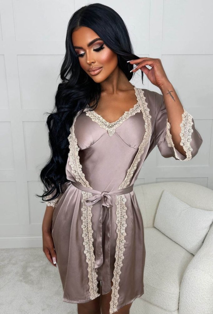 Best Be Sultry Taupe Lace Trim Padded Cup Cami Night Dress And Robe Set Nightwear