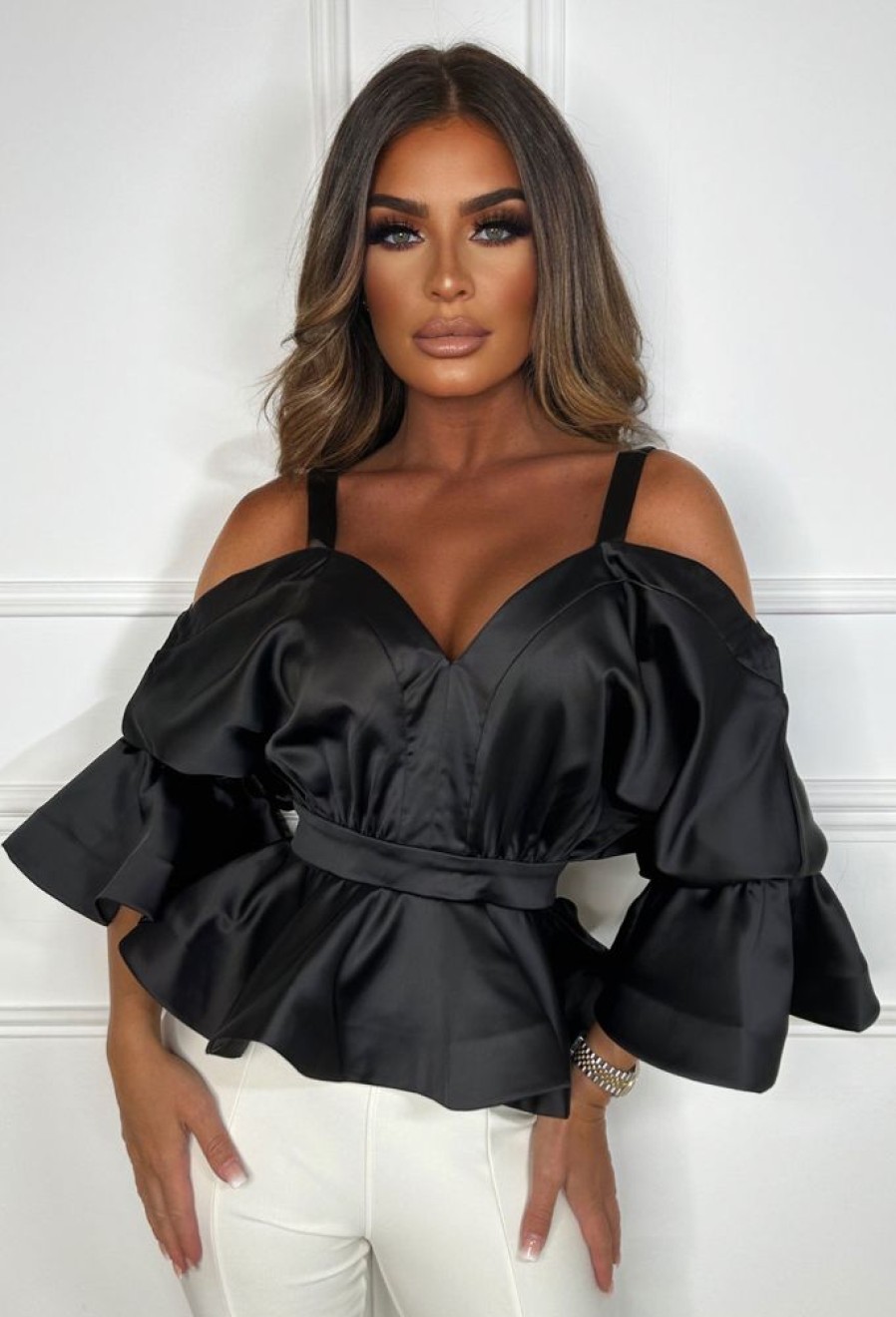 Wholesale She'S Something Black Satin Peplum Top Crop Tops & Bralets