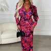 New Love You 100% Pink Long Sleeve Stretch Floral Ruched Midi Dress Dresses