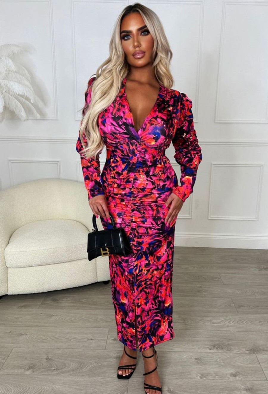 New Love You 100% Pink Long Sleeve Stretch Floral Ruched Midi Dress Dresses