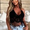 Wholesale Ocean Waves Black Crochet Tassel Halterneck Top Tops