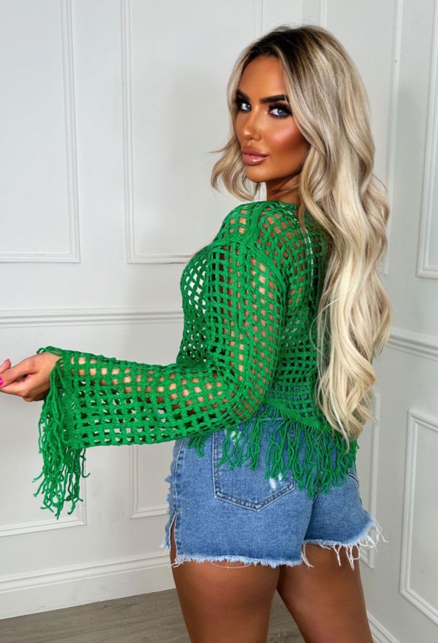 Wholesale Match My Vibe Green Crochet Tassel Top Crop Tops & Bralets