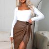 Online Boutique Attire Camel Faux Leather Wrap Over Midi Skirt Skirts