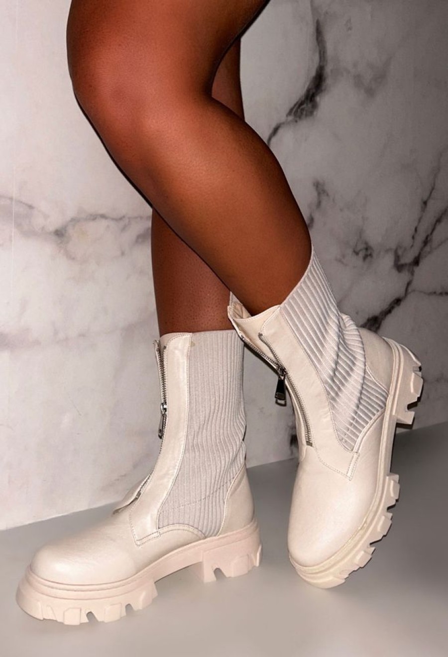 Online Distracting You Over Cream Zip Up Ankle Sock Boots Boots