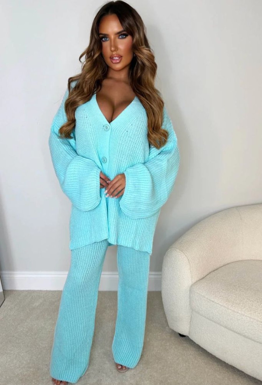 Wholesale Lounging About Mint Green Two Piece Oversized Knitted Cardigan & Trouser Loungewear Set Gifts