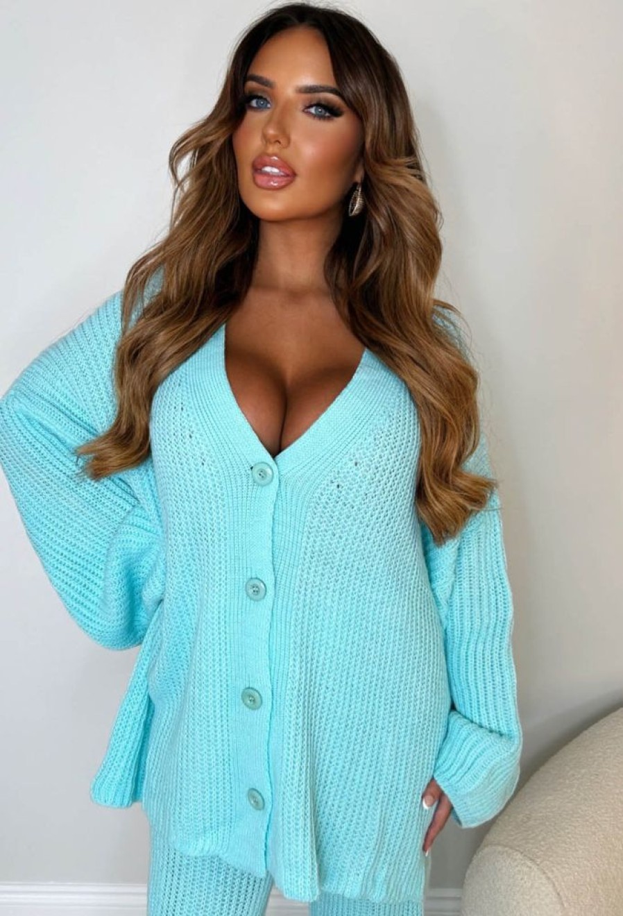 Wholesale Lounging About Mint Green Two Piece Oversized Knitted Cardigan & Trouser Loungewear Set Gifts