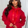 Online Lounging Around Red Ruched Sleeve Hooded Sweatshirt Loungewear