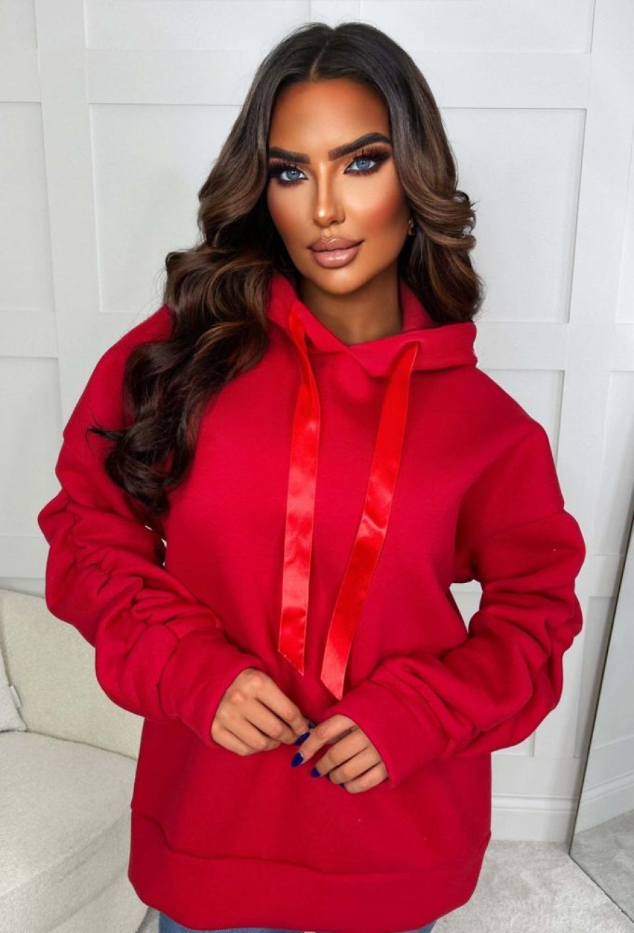 Online Lounging Around Red Ruched Sleeve Hooded Sweatshirt Loungewear