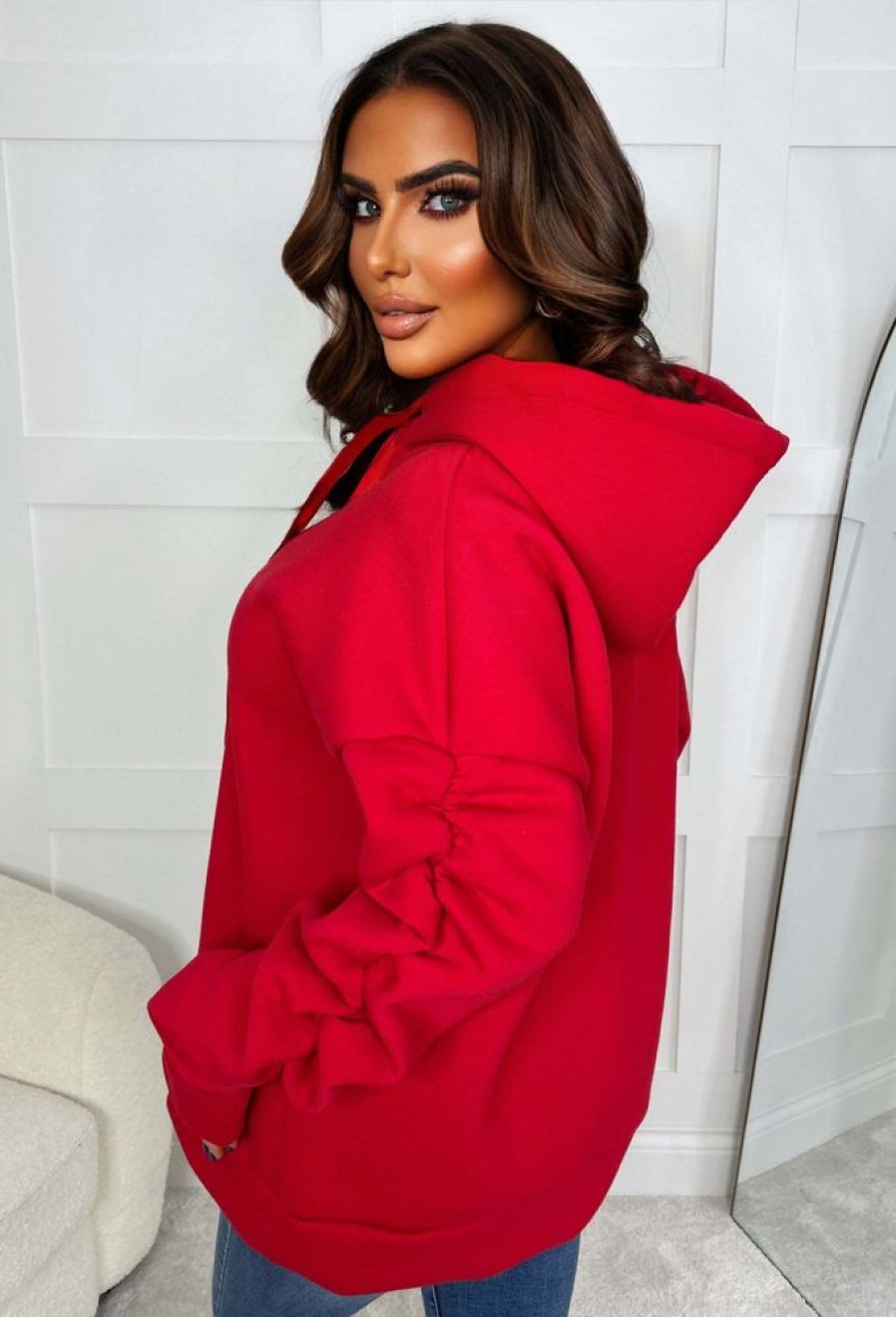 Online Lounging Around Red Ruched Sleeve Hooded Sweatshirt Loungewear