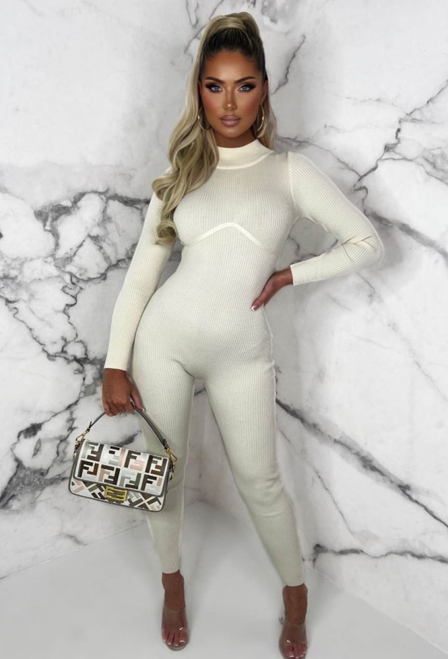 Clearance Cosy Illusion Cream Knitted Rib Enhancing Zip Back Jumpsuit Limited Edition Loungewear