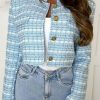 Wholesale Parisian Illusion Light Blue Tweed Cropped Cut Off Jacket Coats And Jackets