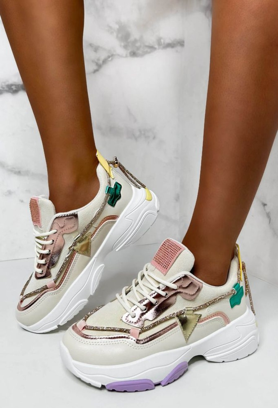 Online Couture Allure Multi Diamante Chain Trim Colour Block Trainers Limited Edition Trainers