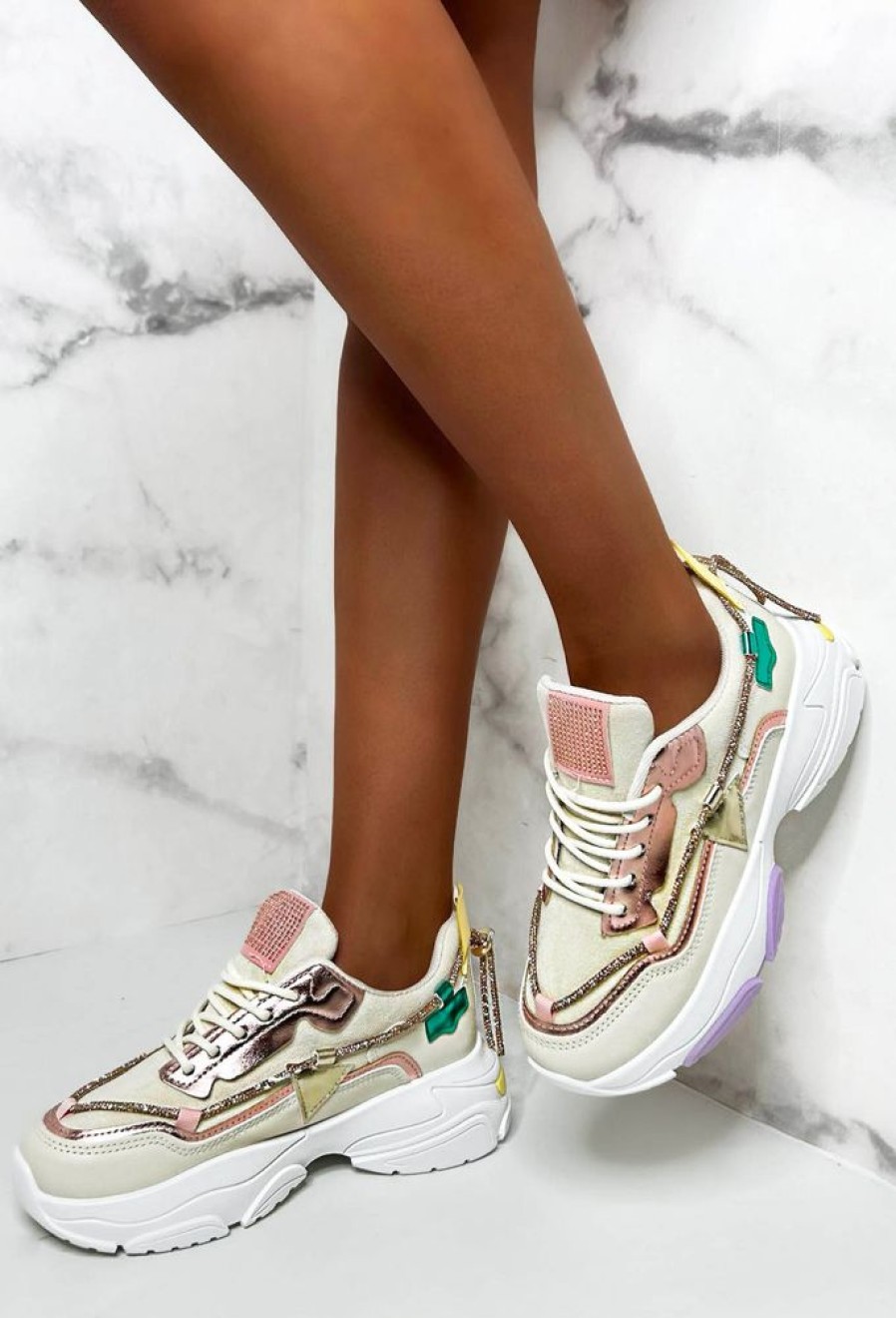 Online Couture Allure Multi Diamante Chain Trim Colour Block Trainers Limited Edition Trainers