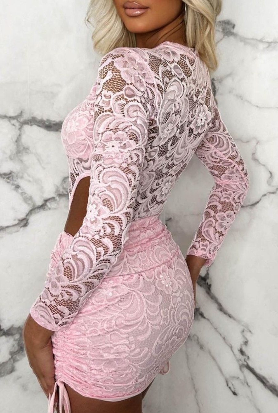 Best Laced Doll Pink Bodysuit And Ruched Skirt Stretch Lace Co-Ord Set Co-Ords