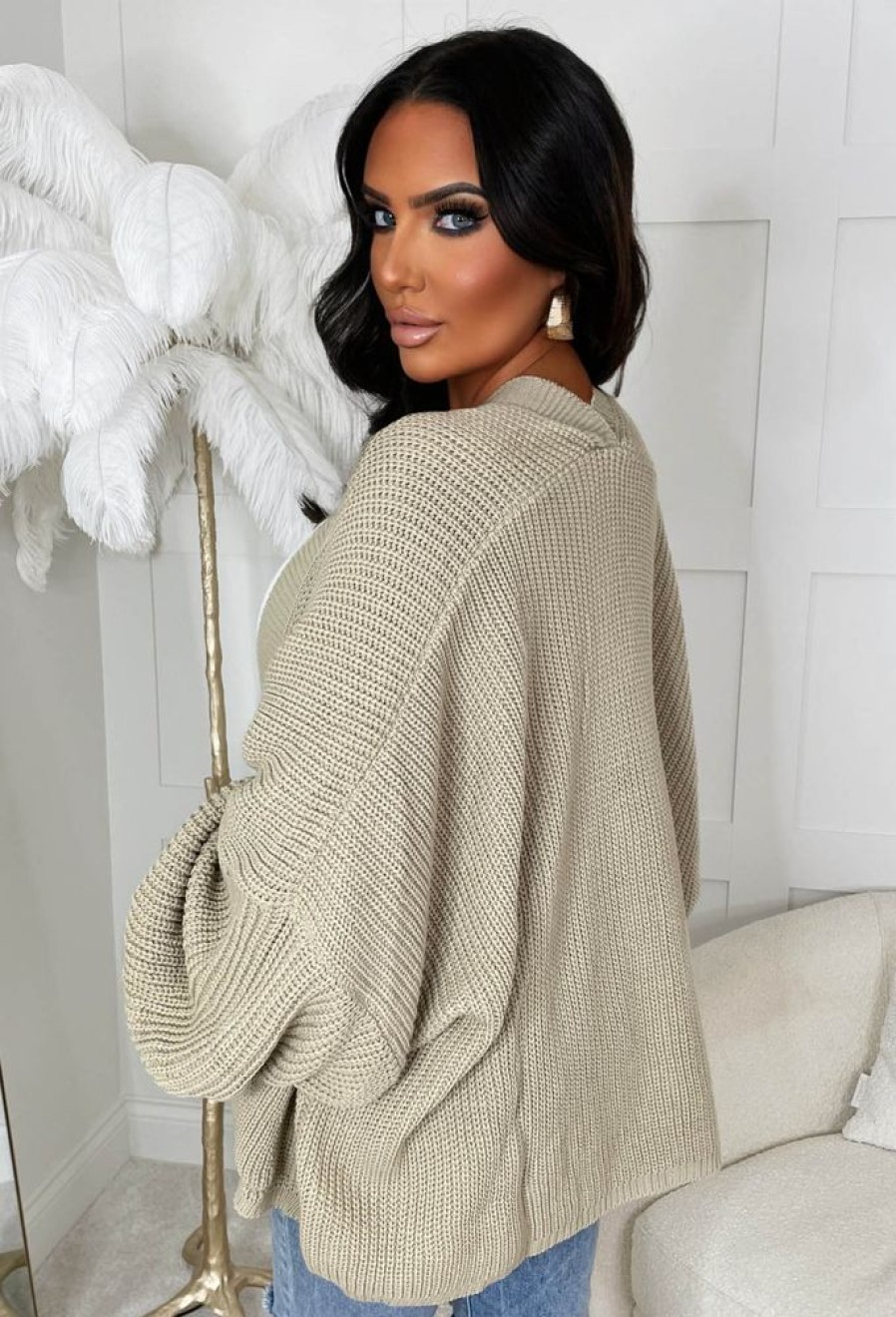 Hot That Effortless Look Beige Balloon Sleeve Knitted Cardigan Tops