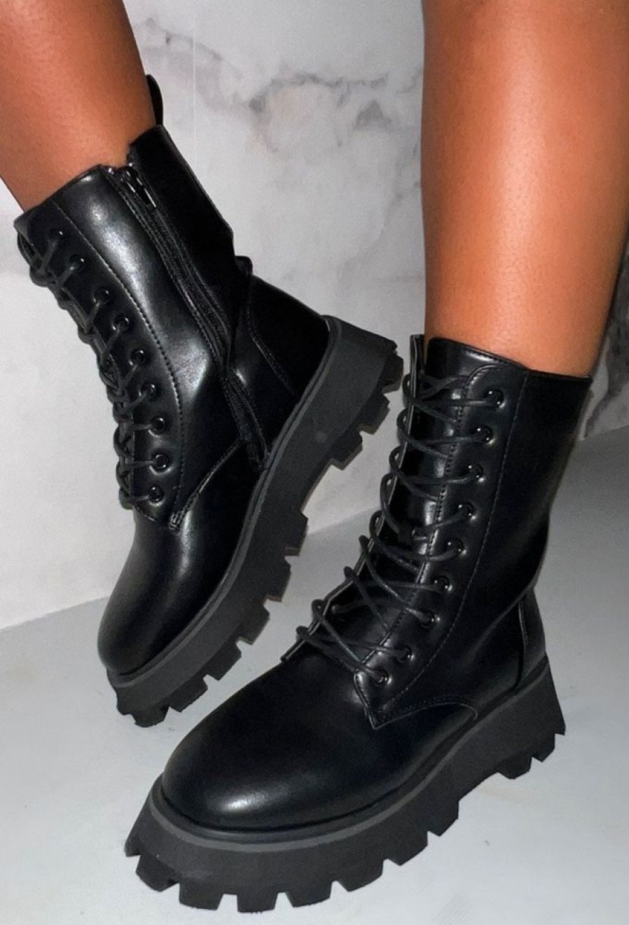 Clearance One Call Away Black Chunky Wedge Lace Up Boot Boots