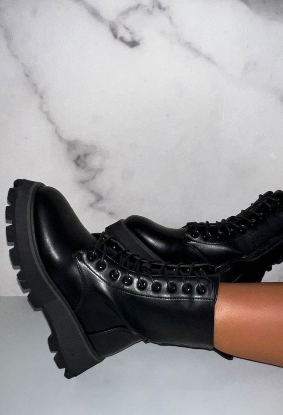 Clearance One Call Away Black Chunky Wedge Lace Up Boot Boots