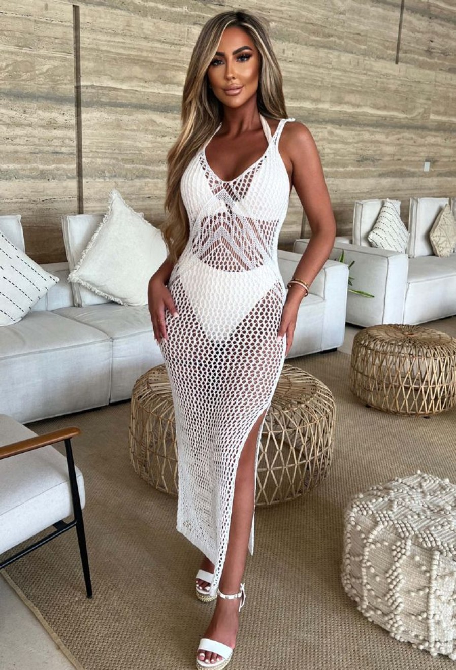 Clearance Boho Beauty White Metallic Cami Knitted Maxi Dress Cover Up Swimwear