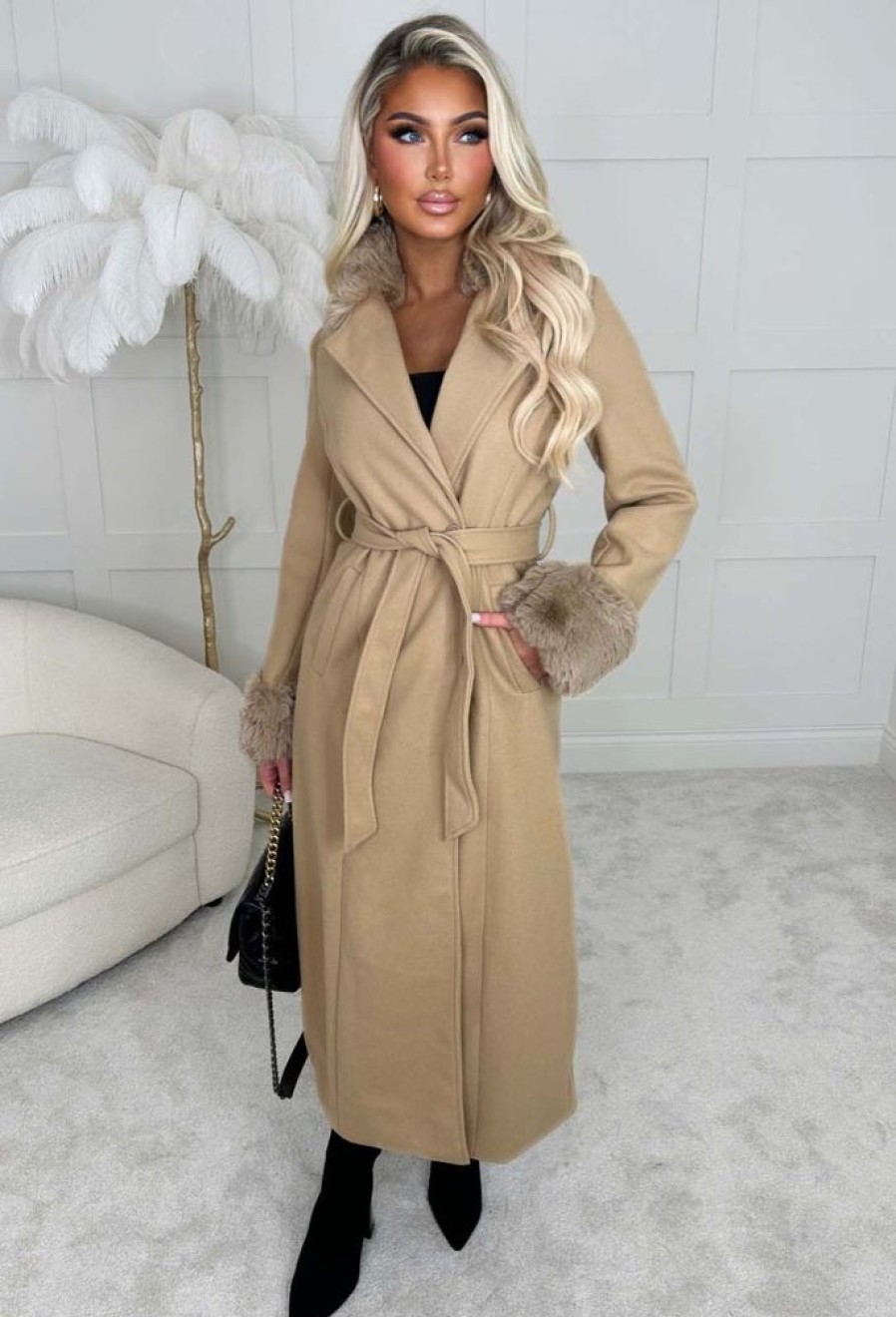 Online Pure Destiny Camel Faux Fur Trimmed Belted Coat Coats And Jackets