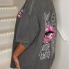 Wholesale Pretty Gal Grey Washed Oversized Lips Graphic T-Shirt Tops