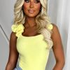 Wholesale Got Me Obsessed Yellow Ruffle Shoulder Stretch Bodysuit Bodysuits